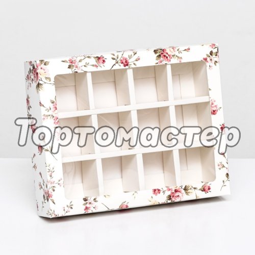 Коробка на 12 конфет с окном "Цветочное дерево" 19х15х3,6 см 9803622