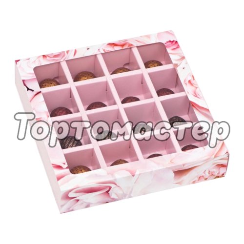 Коробка на 16 конфет с окном "Розовые пионы" КУ-361