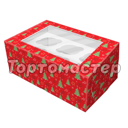 Коробка на 6 капкейков с окном "Ёлочки" 25х15х7 см 5 шт КУ-474