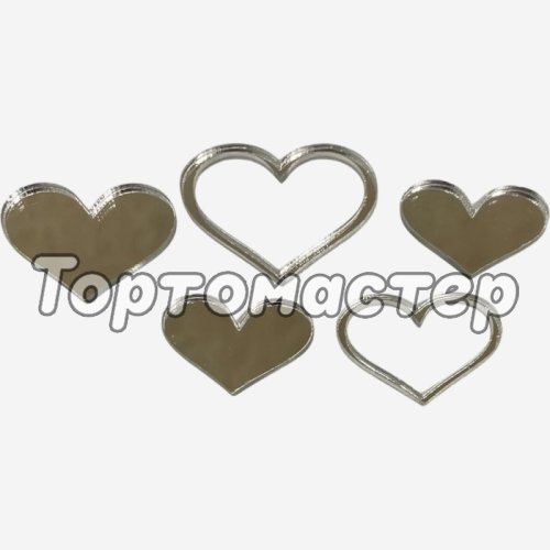 Набор топперов декоративных акриловых "Сердечки" Серебро 5 шт 